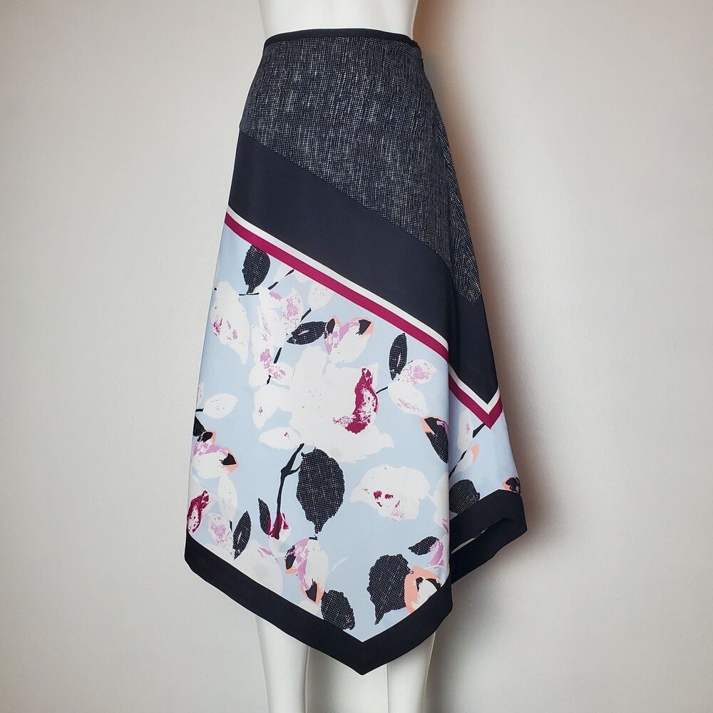 DKNY Black Light Blue Floral Asymmetric Midi Skirt